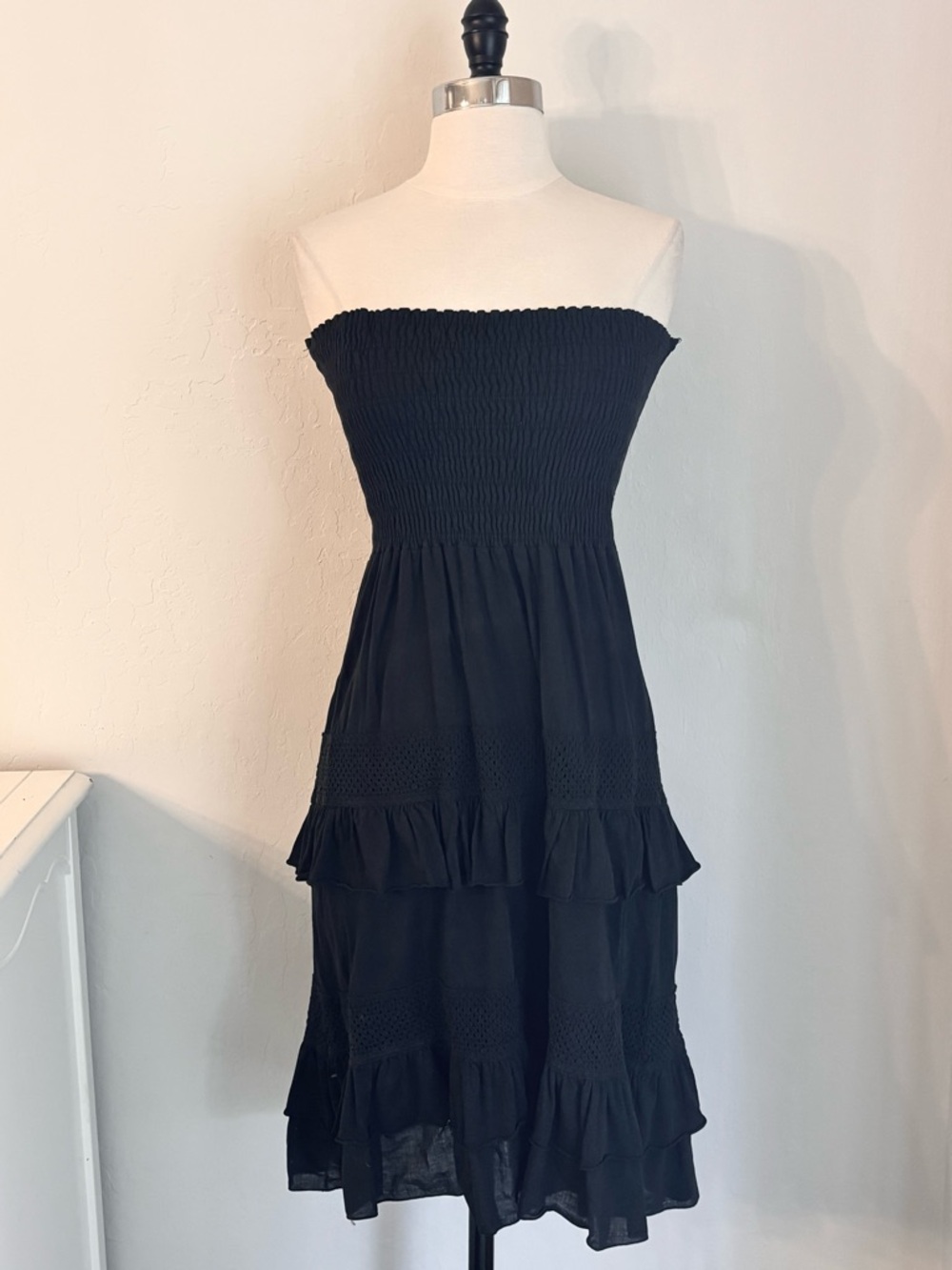 Strapless Smocked Tiered Ruffle Dress Black 100% Cotton, Juniors Large